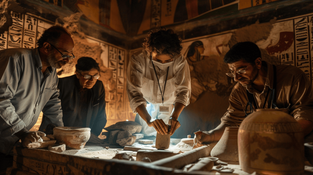 Archaeologists and historians intently examine ancient Egyptian artifacts in a dimly lit tomb.