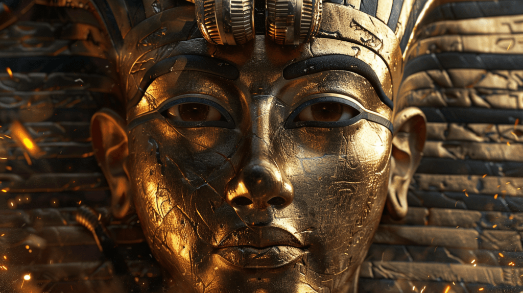 Close-up of King Tut's golden mask, highlighting intricate details and craftsmanship amid glowing embers.