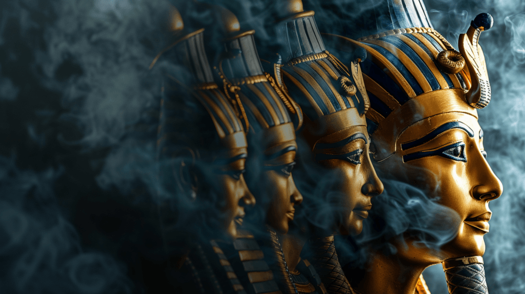 Who Are the Most Famous Pharaohs of Ancient Egypt: Iconic golden masks of the most famous pharaohs of ancient Egypt shrouded in mist, reflecting a timeless mystique.