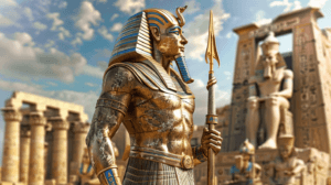 Statue of Ramses the Great, poised regally with a spear, against the backdrop of ancient Egyptian hieroglyphs.