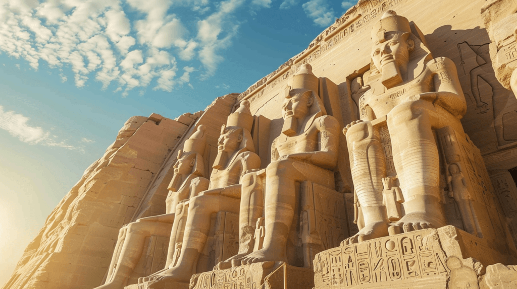 Sunlit colossal statues of Ramses II with intricate Egyptian reliefs at Abu Simbel.