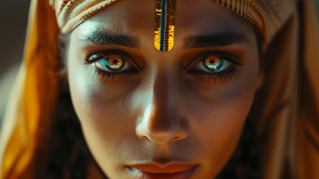 ancient-egyptian-woman with central heterochromia in her eyes looking into the camera in dramatic lighting