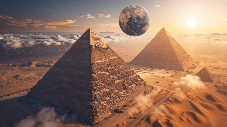 how many pyramids are there in the world: an aerial view of the pyramids with a globe floating in the sky