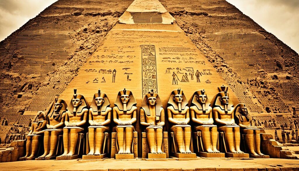 up close of a pyramid with stone statues of egyptian gods placed next to each other