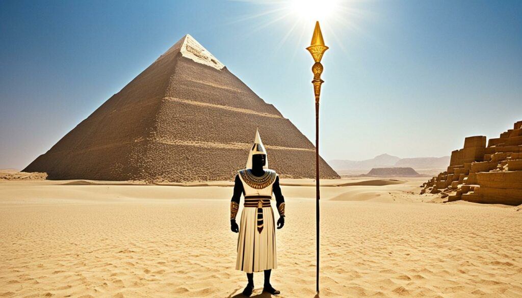 a egyptian guard with sphere standing out in the desert sun in front of a pyramid