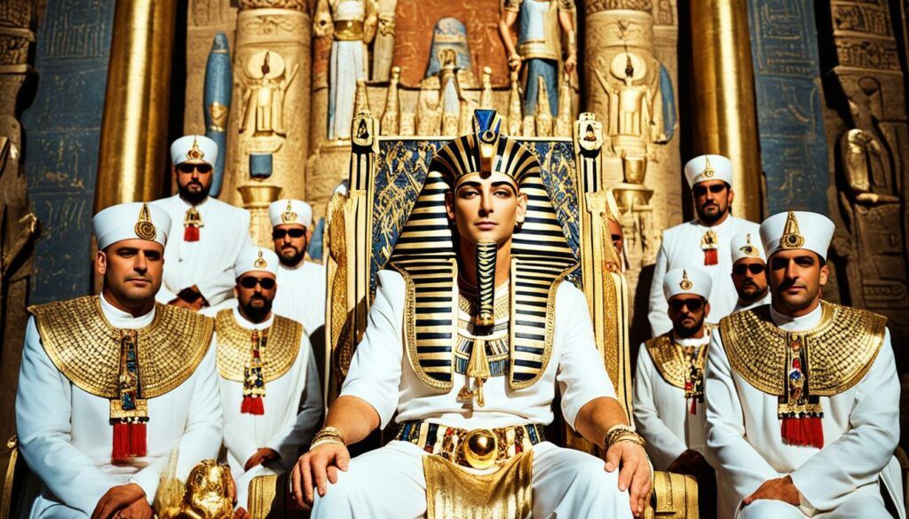 pharaohs' role in ancient egyptian religion : a pharaoh sitting in front of men adorned in egyptian clothing