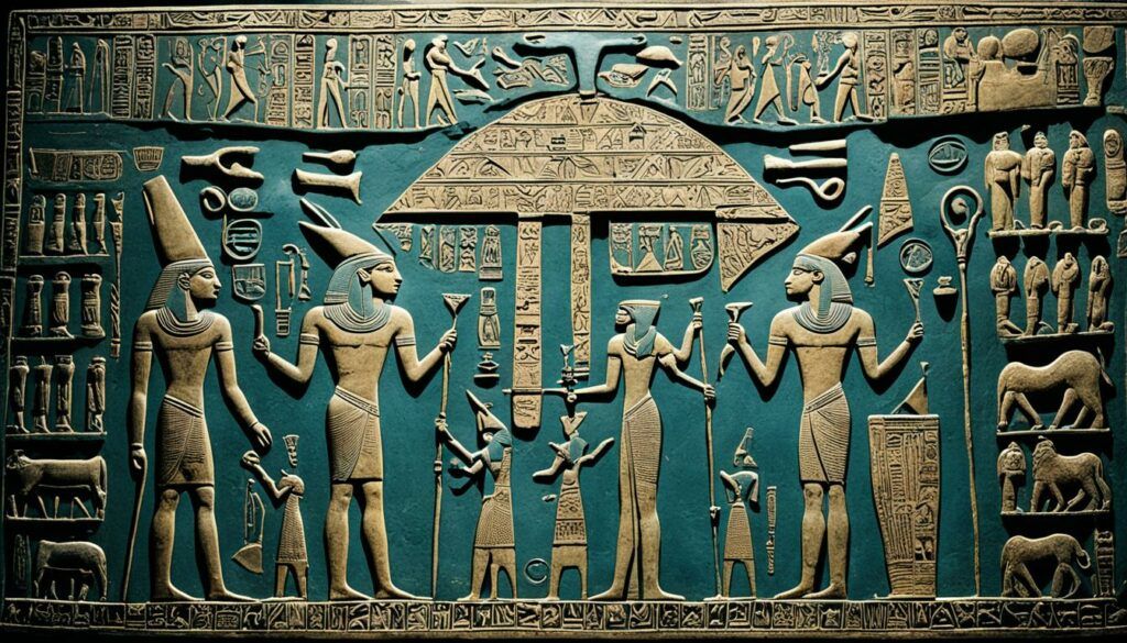 ancient egyptian carvings on a wall of gods and goddesses