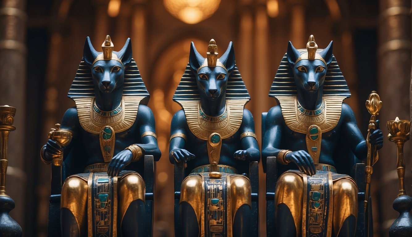 Egyptian gods with animal heads sit on thrones, holding scepters and wearing elaborate jewelry in a grand temple. Anubis, with a jackal head, stands guard at the entrance