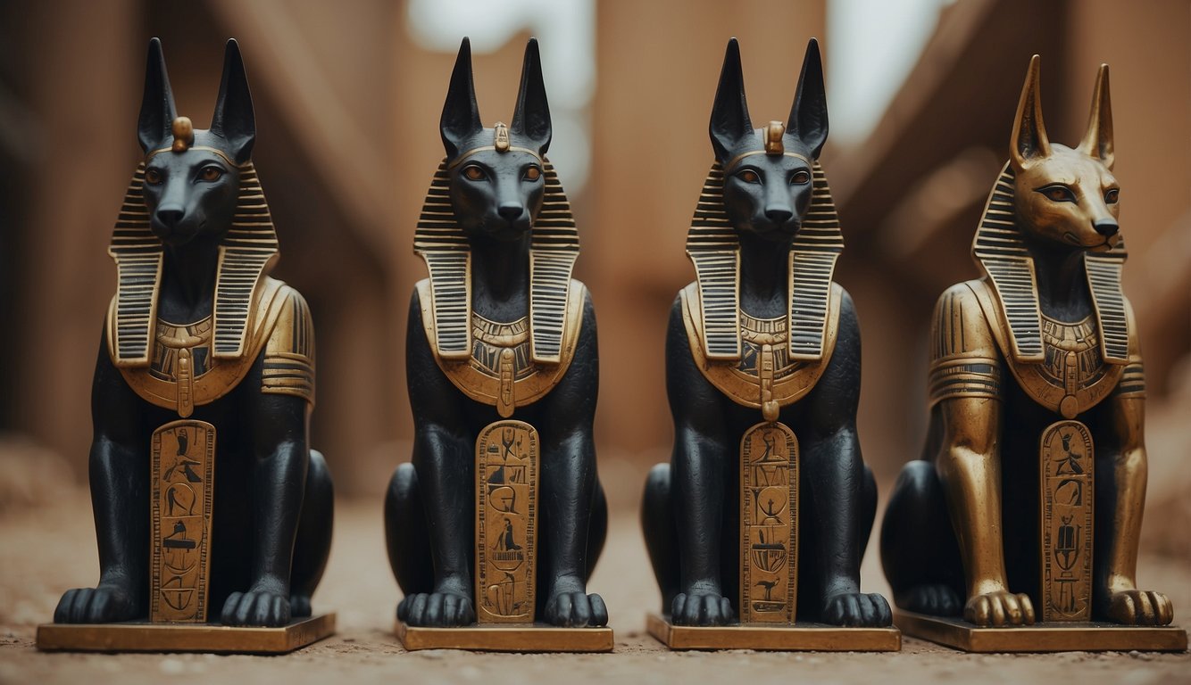 Ancient Egyptian gods with animal heads, symbolizing power and divine attributes. Anubis, with a jackal head, represents death and afterlife. Thoth, with an ibis head, embodies wisdom and writing