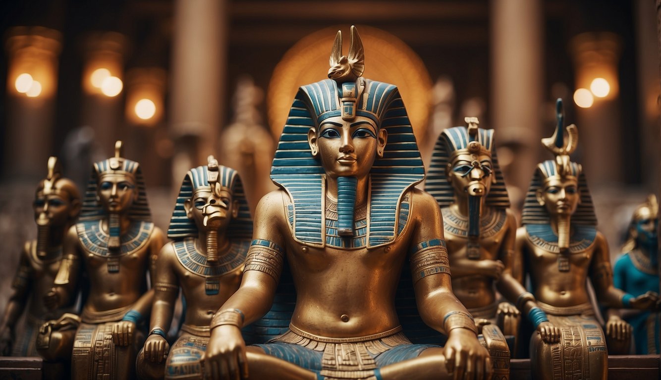 Egyptian gods with animal heads sit in a grand temple, surrounded by hieroglyphs and symbols. The gods are depicted in regal poses, adorned with elaborate jewelry and headdresses