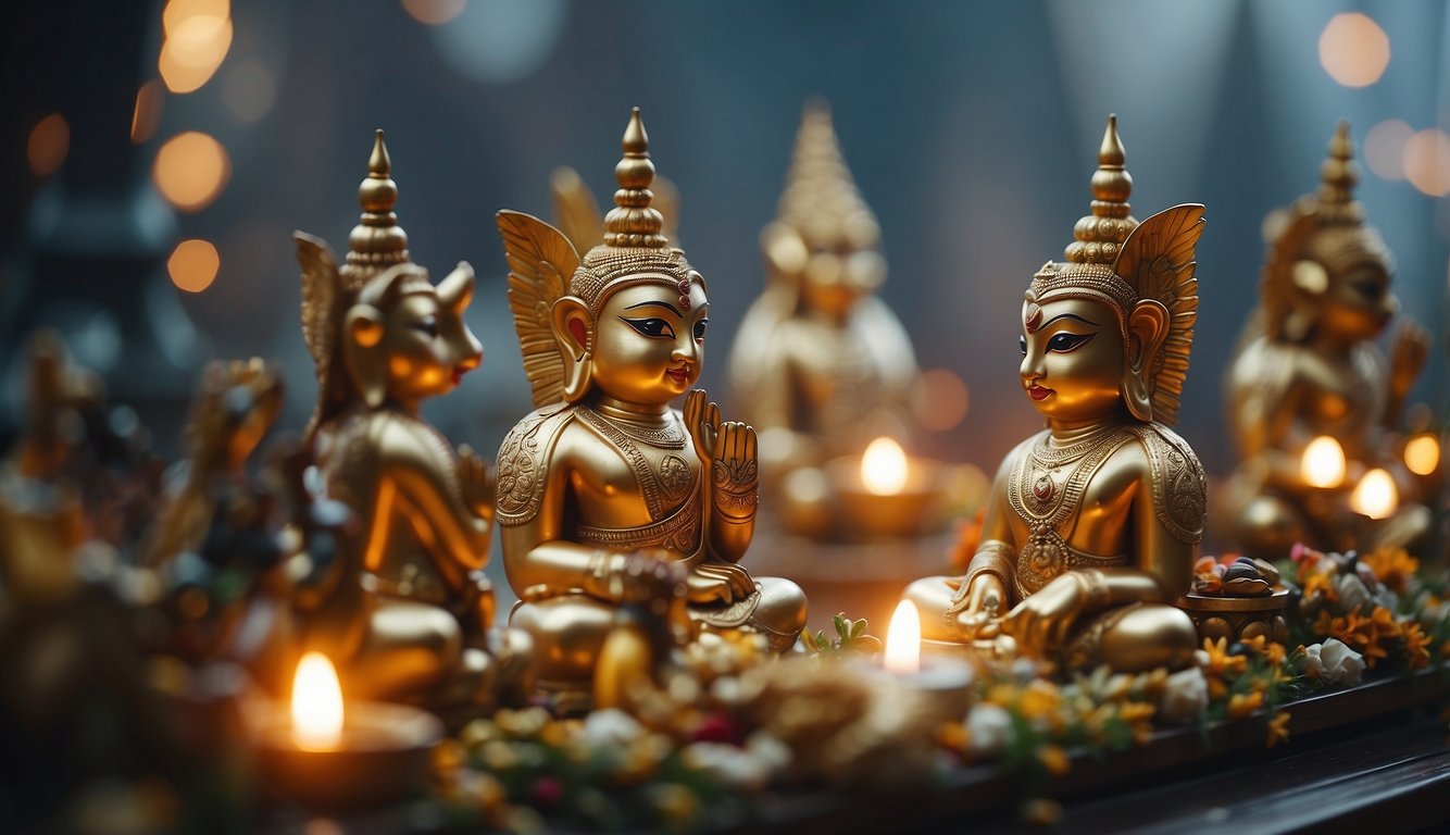 Animal-headed deities gather in a grand temple, adorned with offerings and worshippers. The air is thick with incense as the faithful pay homage to their divine figures