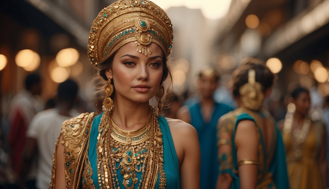 Vibrant, flowing garments drape gracefully over statuesque figures in a bustling marketplace, adorned with intricate jewelry and headdresses. Rich colors and luxurious fabrics reflect the opulence of ancient Egyptian fashion