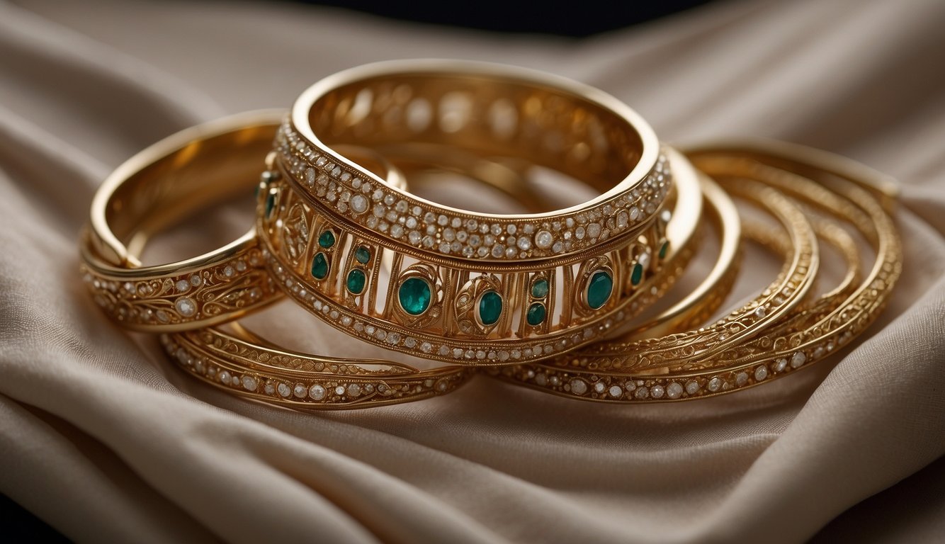 Shimmering gold jewelry adorns a regal headdress and flowing linen garments in ancient Egyptian fashion