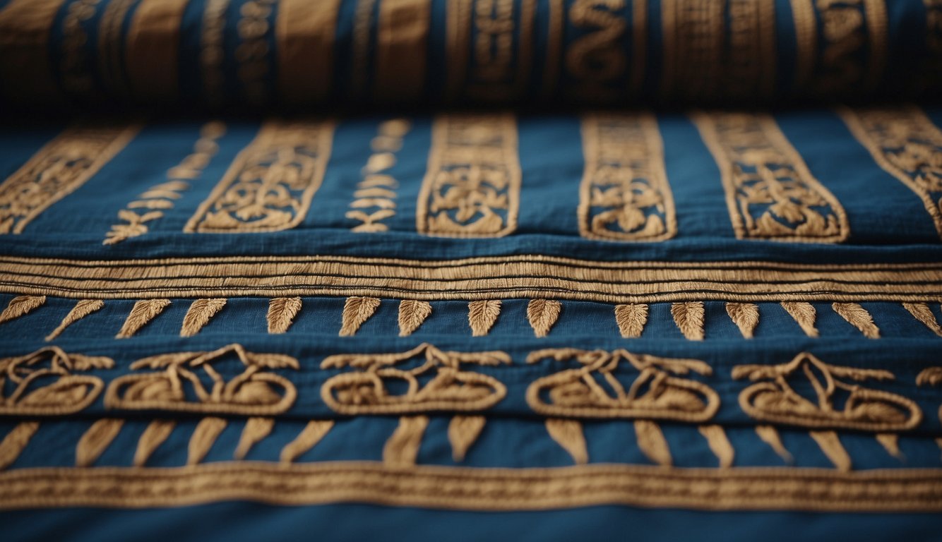 The scene depicts ancient Egyptian clothing materials and designs, including linen, pleats, and intricate embroidery, with vibrant colors and patterns