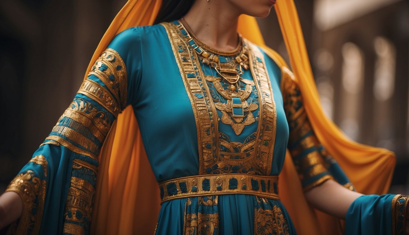 Vibrant colors and intricate patterns adorn flowing garments, reflecting the societal influence on dress fashion in ancient Egypt