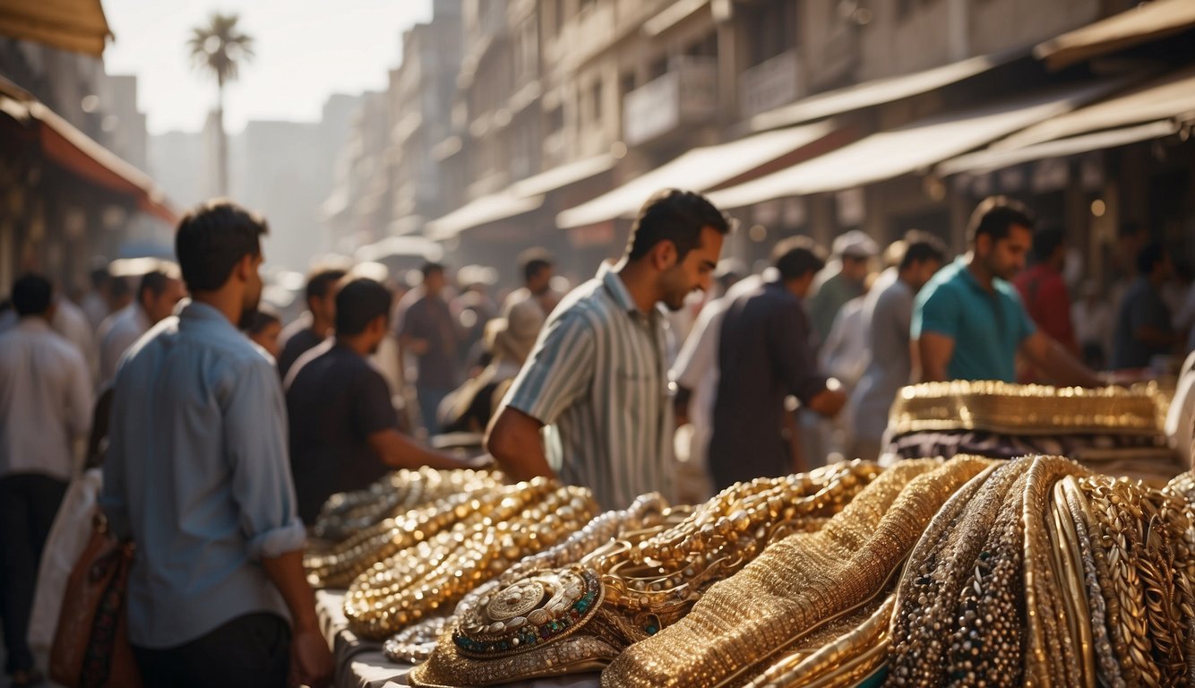 An Egyptian fashion market bustling with merchants and shoppers, showcasing vibrant fabrics and intricate jewelry under the golden sun