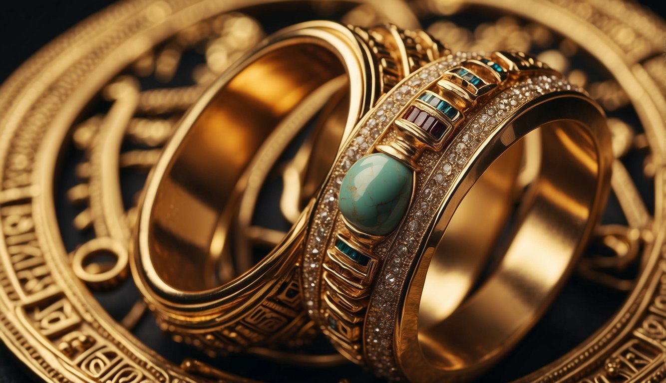 King Tut's marriage at a young age is depicted through symbolic imagery of two intertwined rings, surrounded by ancient Egyptian symbols of love and unity