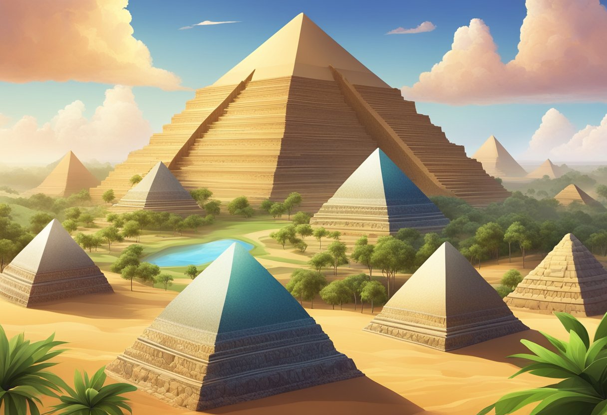 an oasis in the middle of the desert surrounded by pyramids with lush greenery