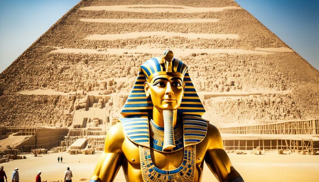 pharaoh standing in front of the great pyramid of giza