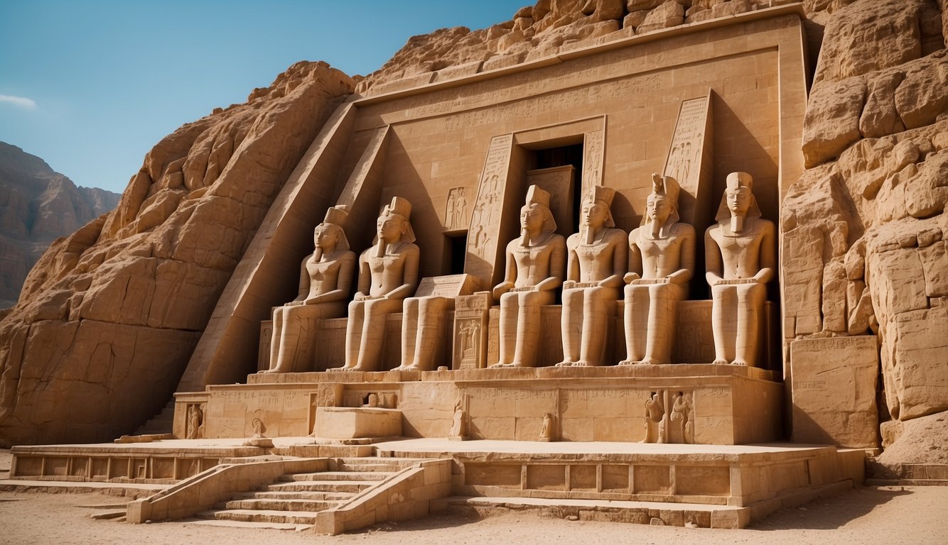 Hatshepsut's grand temple, adorned with statues and hieroglyphs, symbolizing her prosperous reign and successful trade expeditions