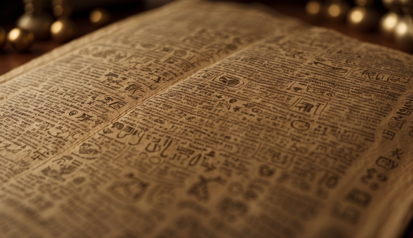 The Book of the Dead, papyrus scrolls with hieroglyphs, surrounded by Egyptian symbols and artifacts, depicting the journey to the afterlife