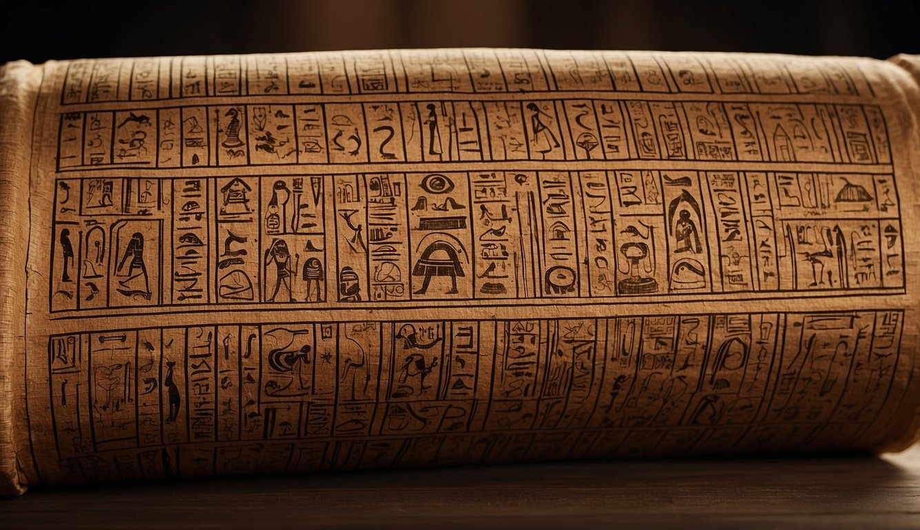An ancient Egyptian papyrus scroll lies open, adorned with intricate hieroglyphics and illustrations, representing the Book of the Dead