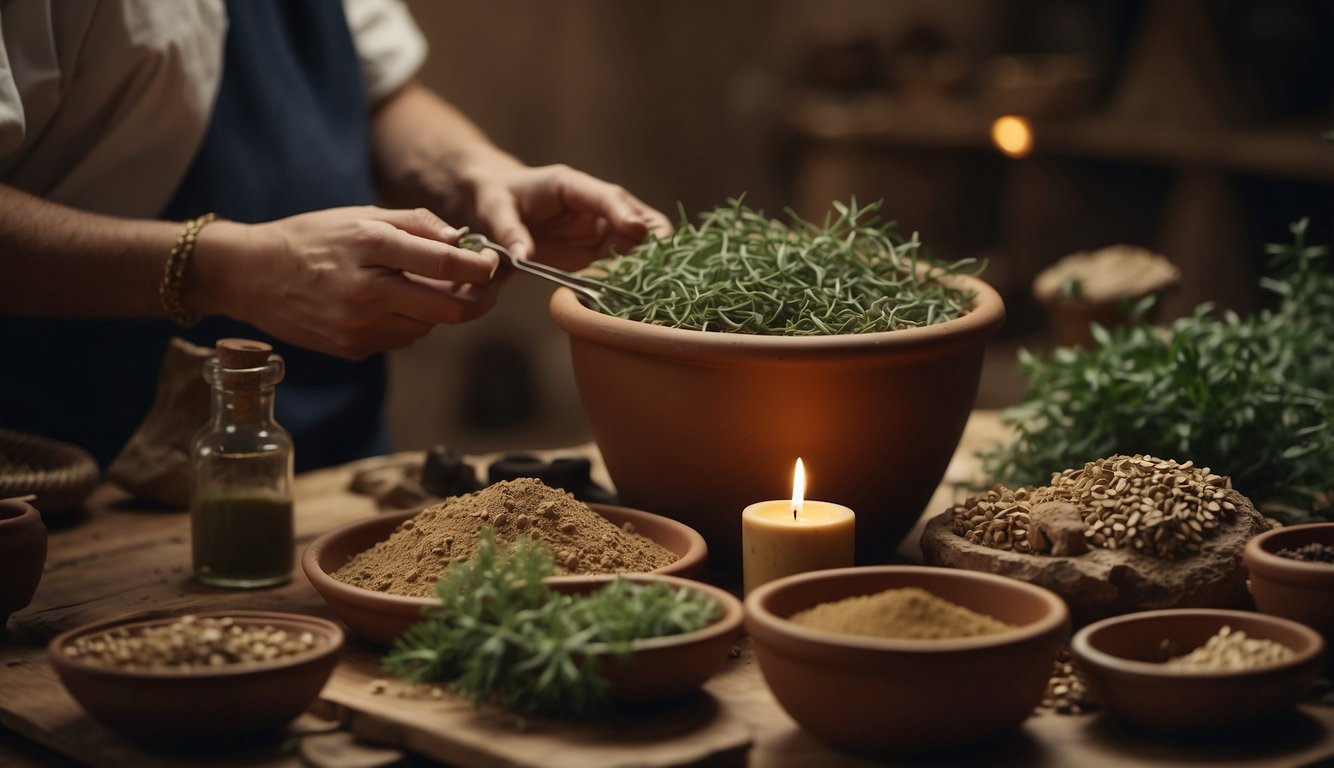 An ancient Egyptian apothecary mixing herbs and creating medicine in a clay pot