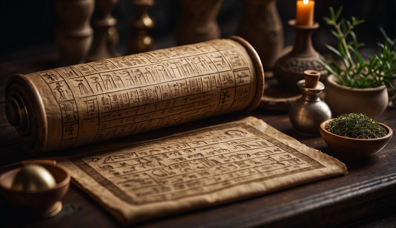 Ancient Egyptian medicine: A papyrus scroll with hieroglyphics, herbs, and medical instruments on a stone table in a dimly lit temple