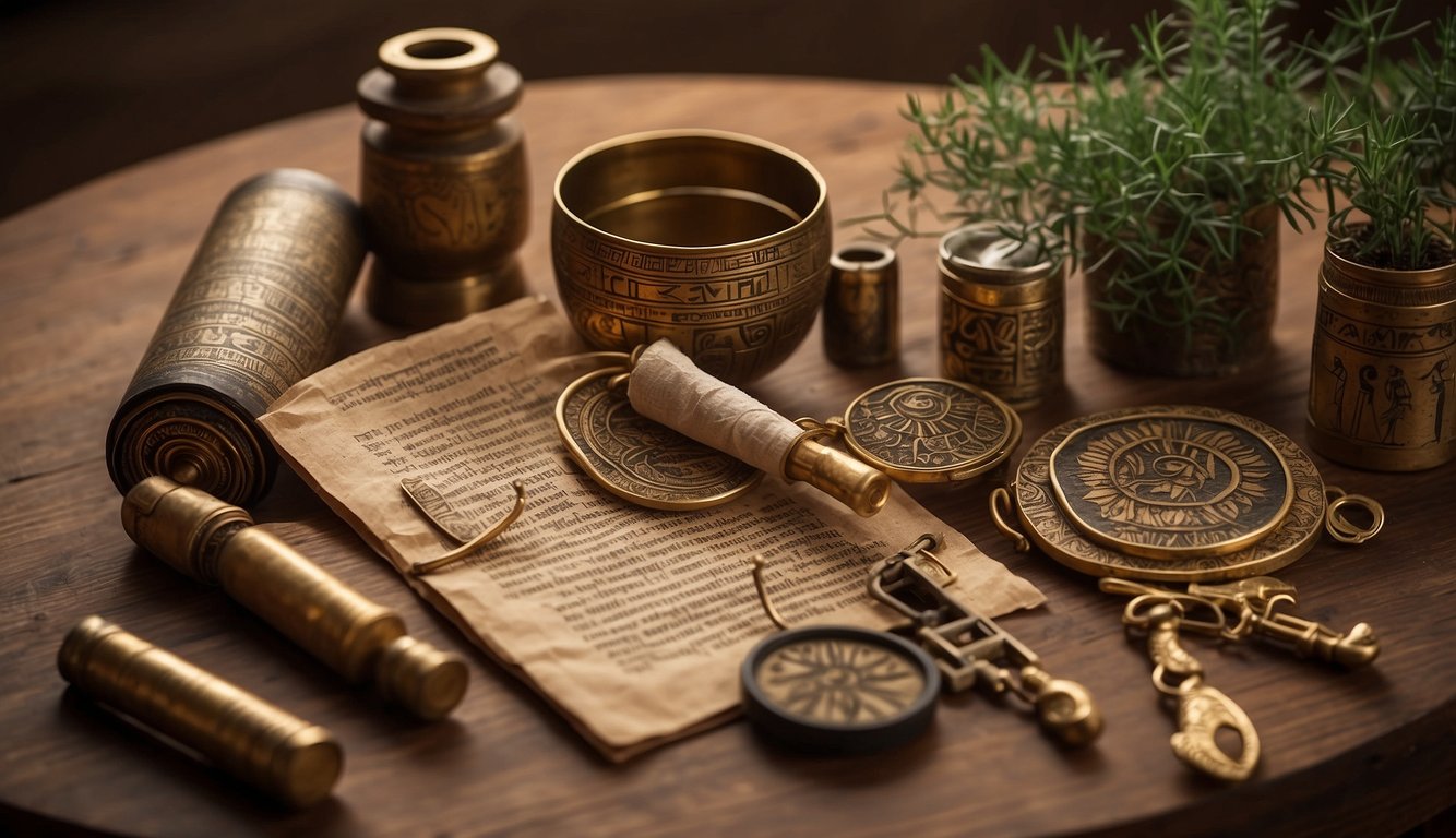 Ancient Egyptian medical tools and herbs on a wooden table. Papyrus scrolls with medical texts. Ankh symbol and eye of Horus