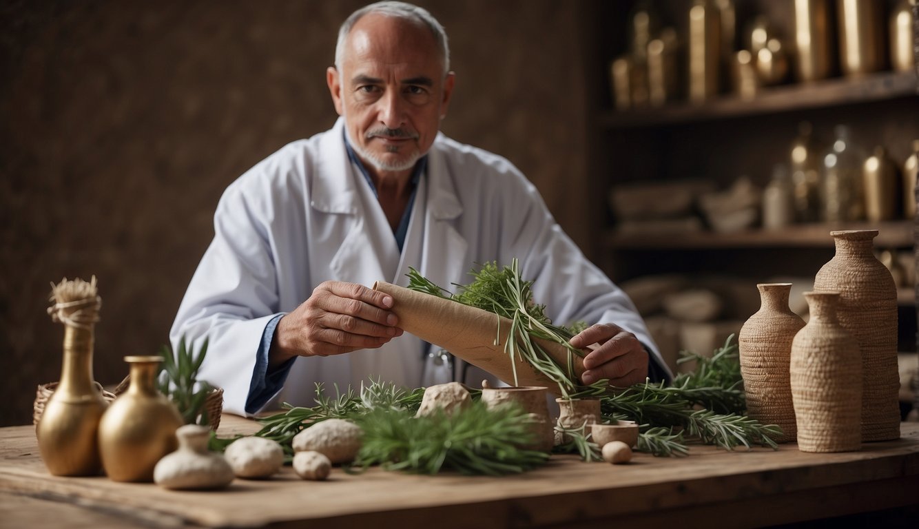 An ancient Egyptian medical practitioner holds papyrus scrolls, surrounded by medicinal herbs and tools, while patients await treatment