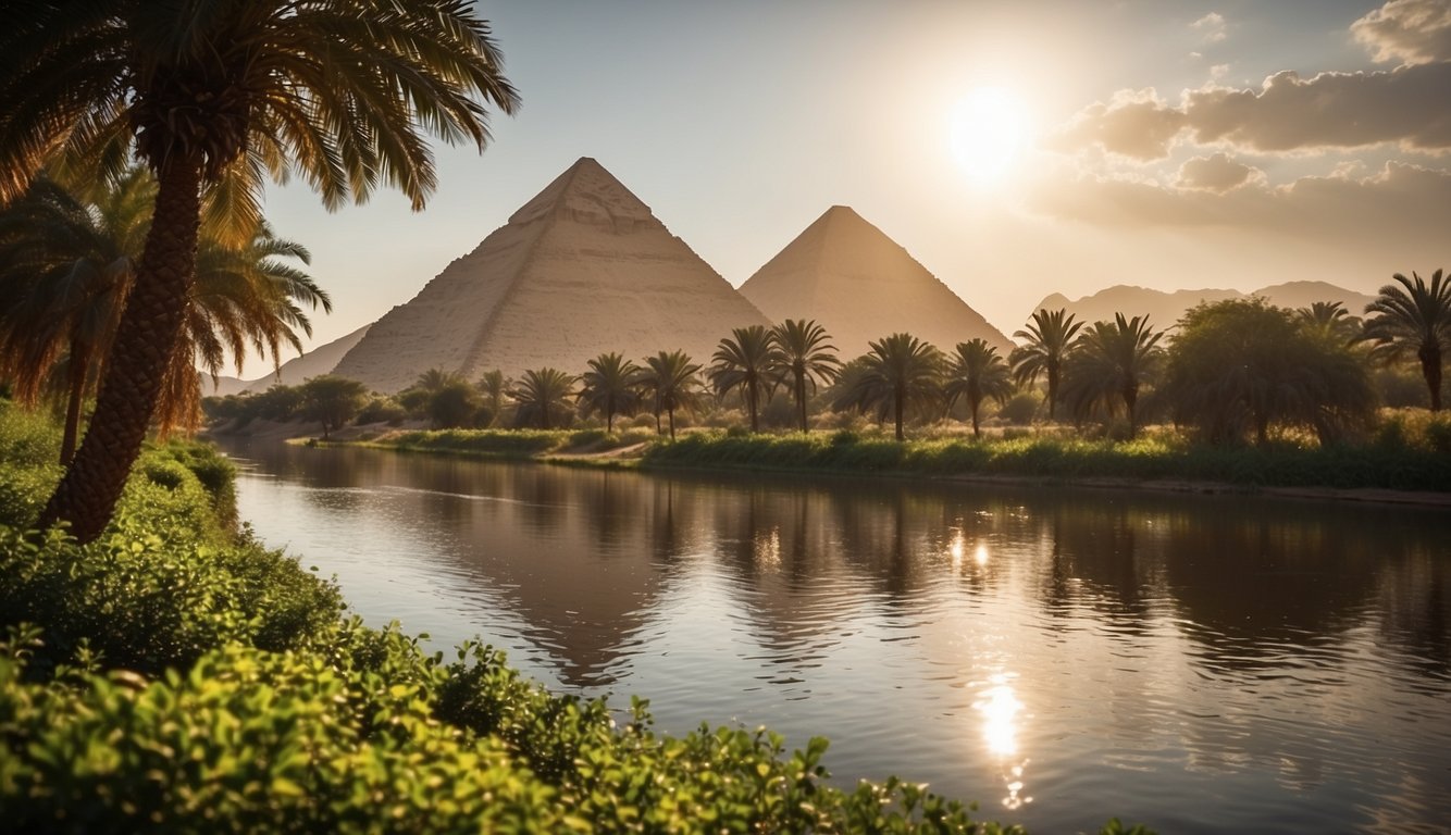 The Nile winds through ancient Egypt, nurturing the land with its life-giving waters. Mountains rise in the distance, while lush greenery lines the riverbanks. The sun shines down, casting a warm glow over the landscape