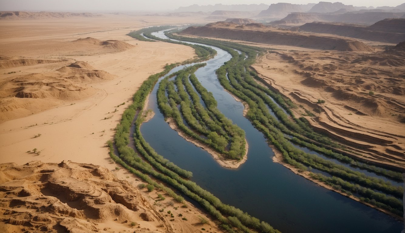 The Nile River carves through the desert, nourishing fertile land and sustaining ancient Egyptian civilization