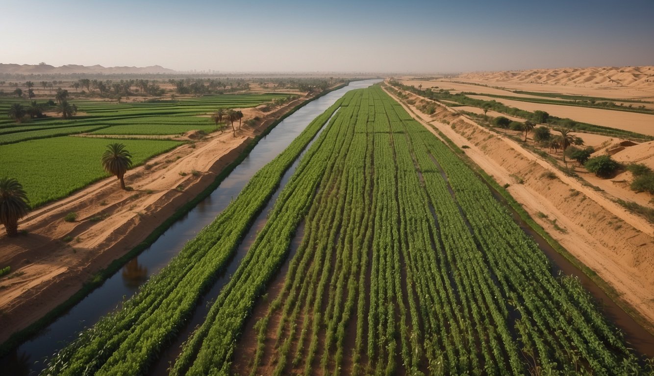 Lush green fields line the banks of the Nile, with intricate irrigation canals feeding the crops. The river's gentle flow shapes the landscape, sustaining ancient Egypt's agricultural prosperity