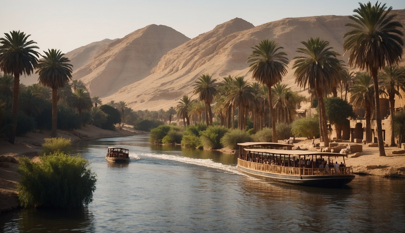 The Nile river flows through ancient Egypt, symbolizing life and fertility. It is central to religious rituals and cultural practices, shaping the civilization