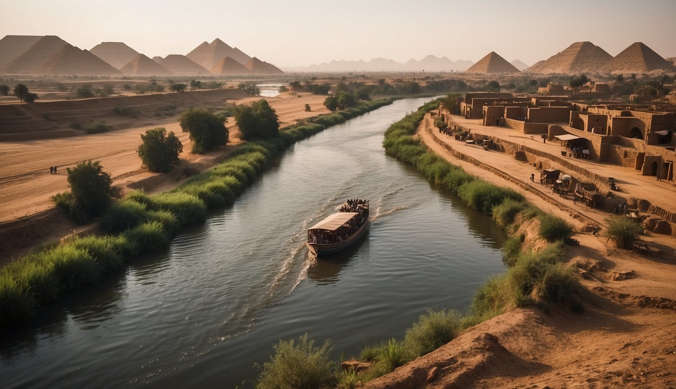 The Nile River flows through ancient Egypt, shaping its economy and trade. Farmers harvest crops along its fertile banks, while merchants transport goods on boats