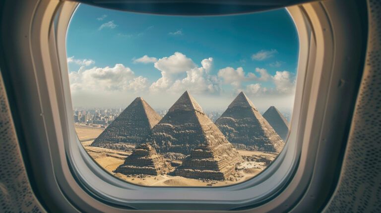 is it safe to travel to egypt right now: looking through an airplane window flying over the pyramids