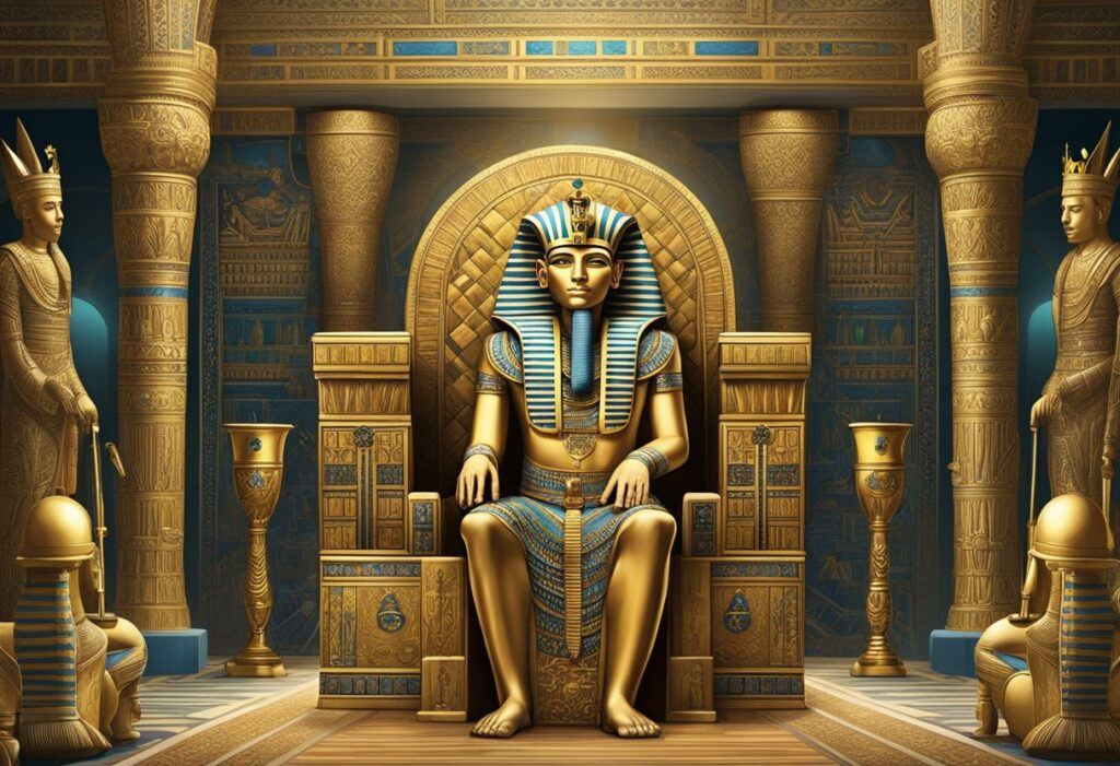 King Tut's greatest achievements depicted in a grand throne room with symbols of power and authority. A crown and scepter sit on a lavish throne, surrounded by loyal subjects and ornate decor