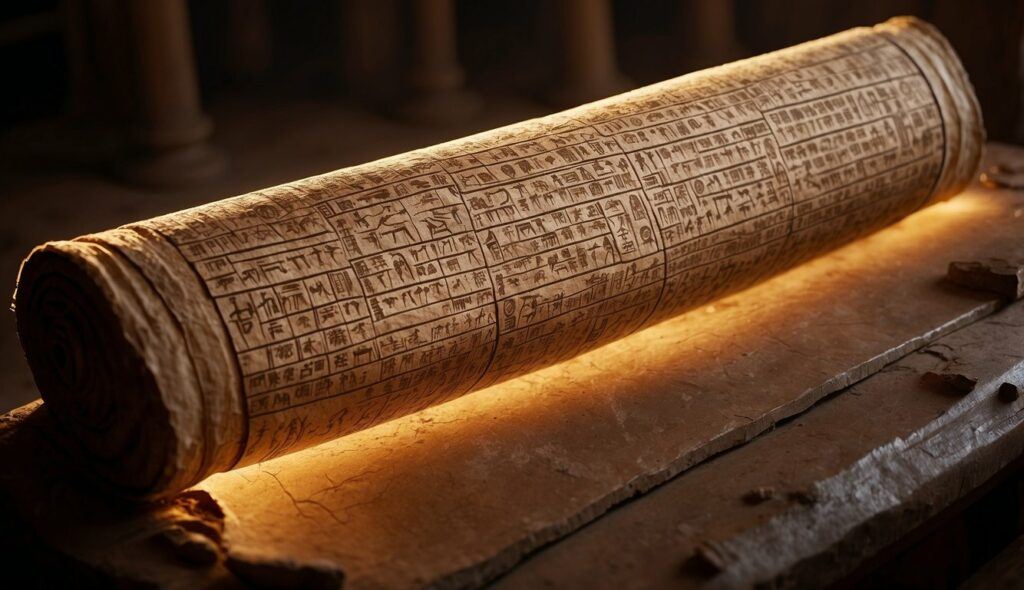 the egyptian book of the dead: scroll from the book of the dead in dim lit