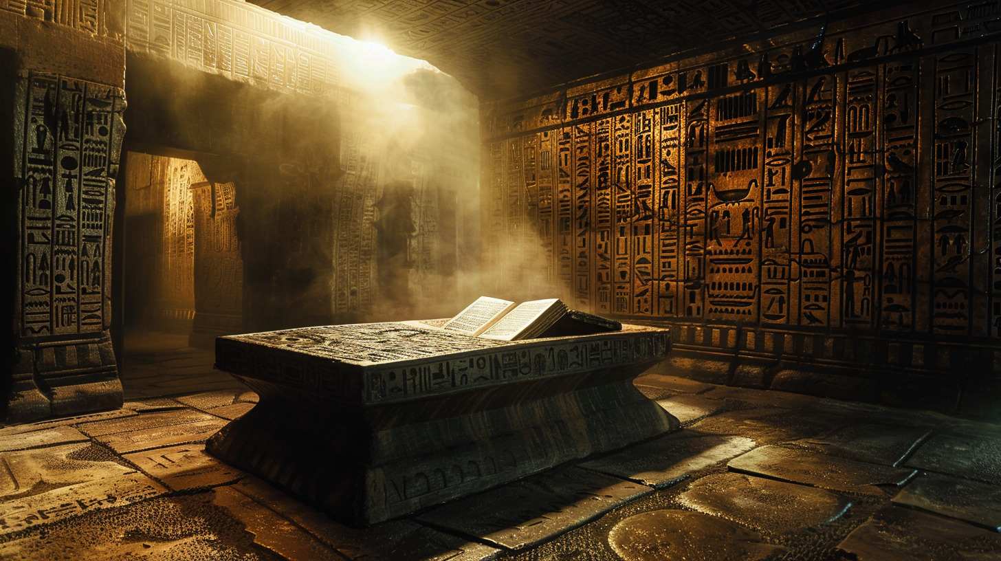 what is the book of the dead: the book of the dead sitting on top of a sarcophagus surrounded by walls covered in hieroglyphs dimly lit by flick