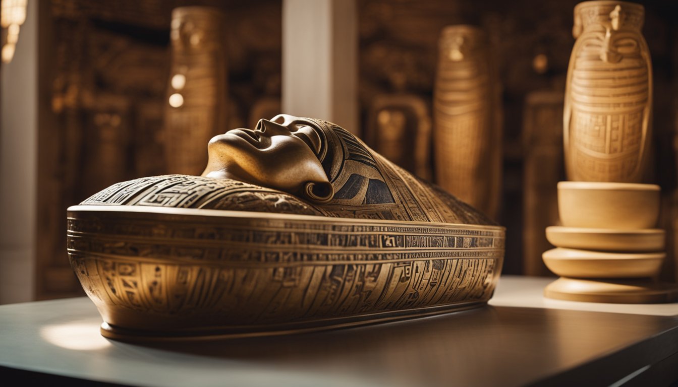 A sarcophagus lies open, revealing a preserved mummy. Hieroglyphics adorn the walls, depicting the mummification process. Canopic jars sit nearby, holding the mummy's organs