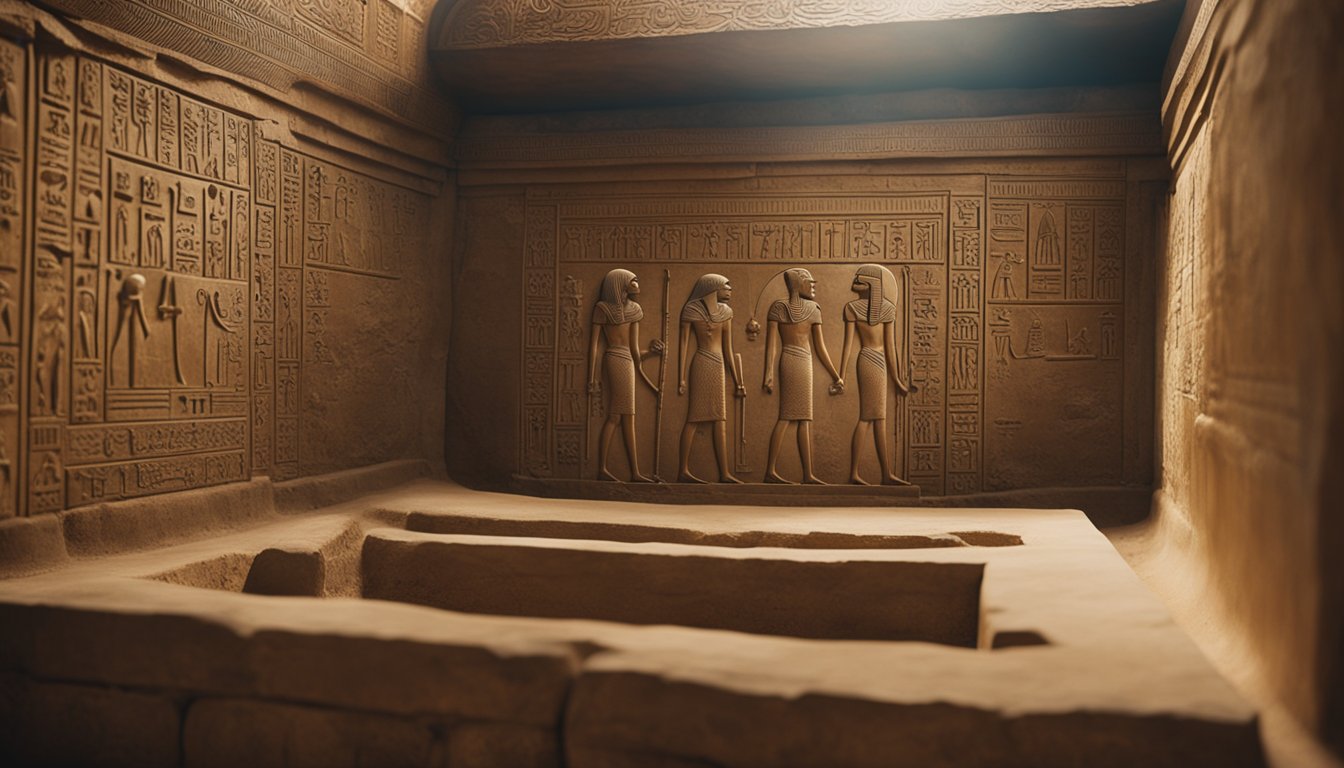 An ancient Egyptian tomb with hieroglyphics and burial artifacts