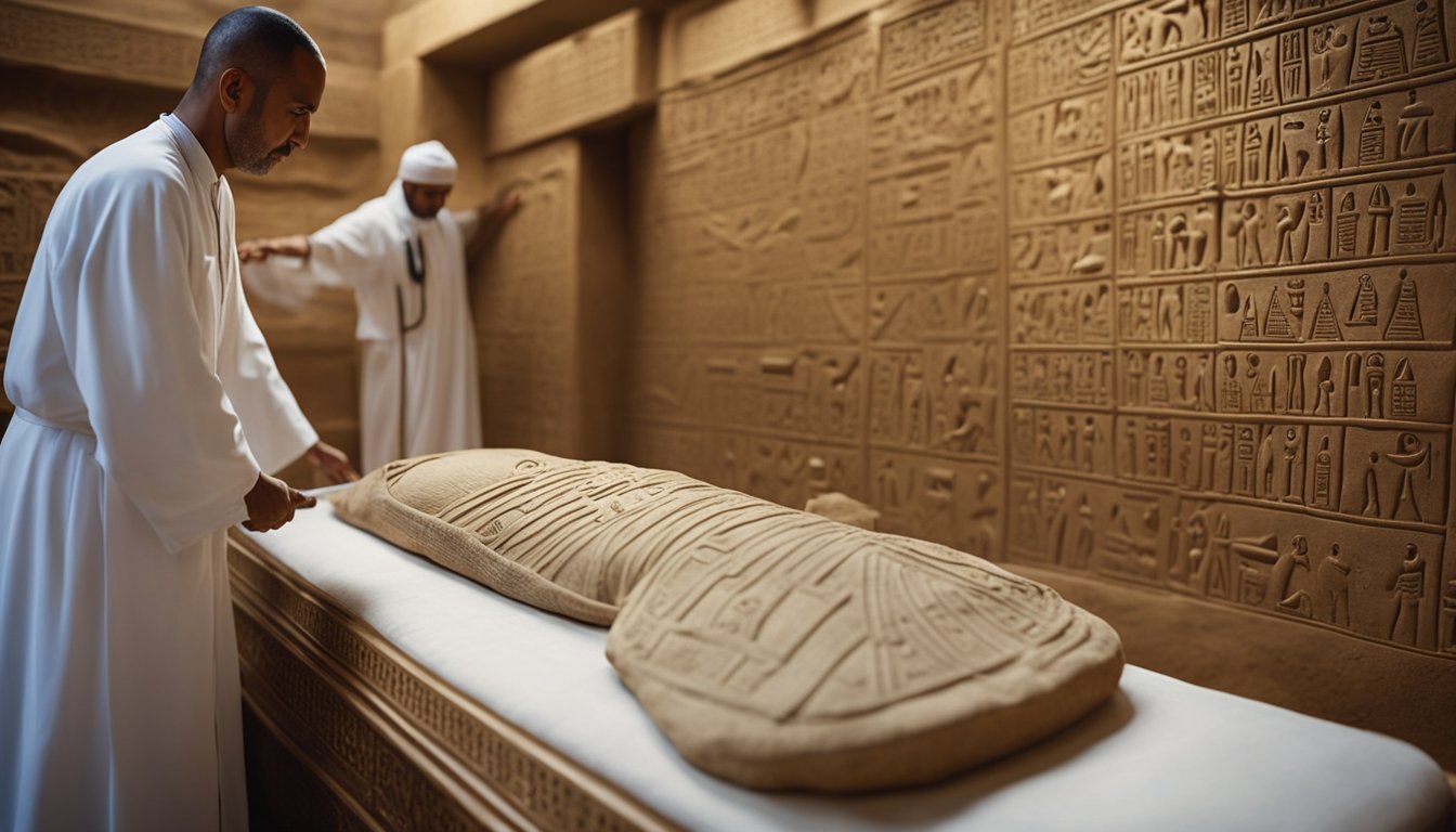 An ancient Egyptian priest wraps a preserved body in linen, carefully preserving the deceased's organs in canopic jars. Sacred symbols and hieroglyphics adorn the walls of the tomb, depicting the ritual process of mummification