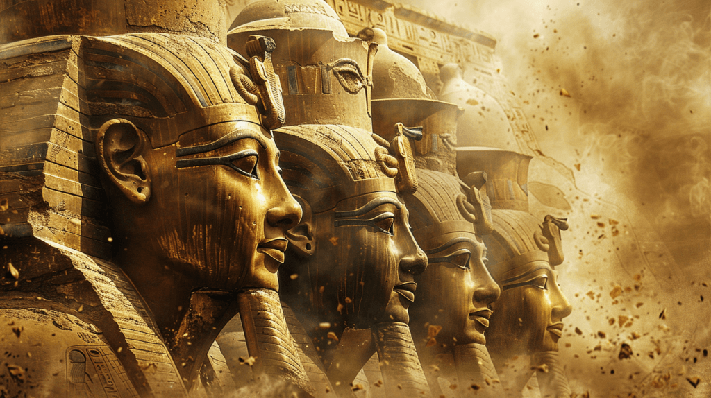 Golden pharaoh statues in profile, symbolizing ancient Egypt's grandeur, against a dust-filled backdrop.