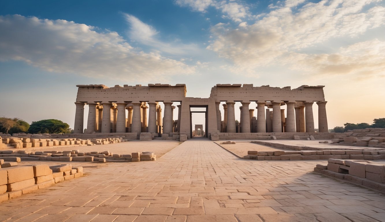 The Karnak Temple Complex features towering columns and intricate hieroglyphic carvings, surrounded by vast open courtyards and monumental gateways