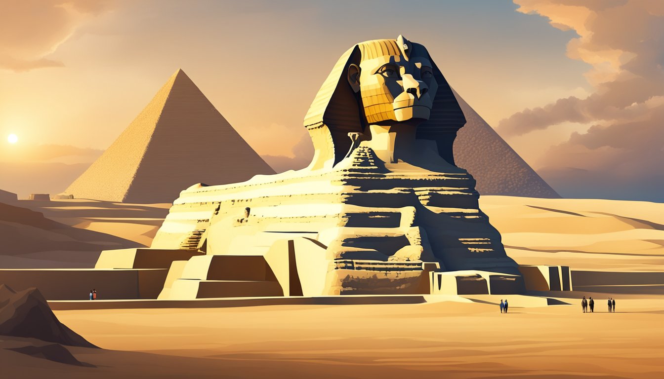 The Great Sphinx of Giza stands majestically in front of the pyramids, its lion body and human face exuding power and mystery