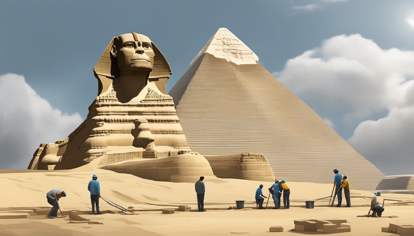 The Great Sphinx of Giza stands proudly amidst ongoing restoration efforts, with workers diligently working to combat the erosion caused by centuries of exposure to the elements