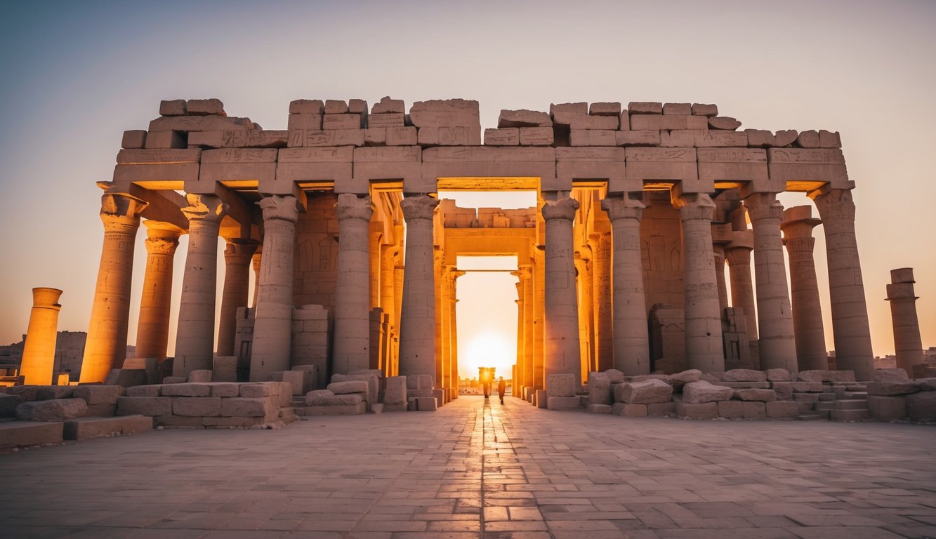 The grand entrance of Luxor Temple, with towering columns and intricate hieroglyphs, bathed in the warm glow of the setting sun