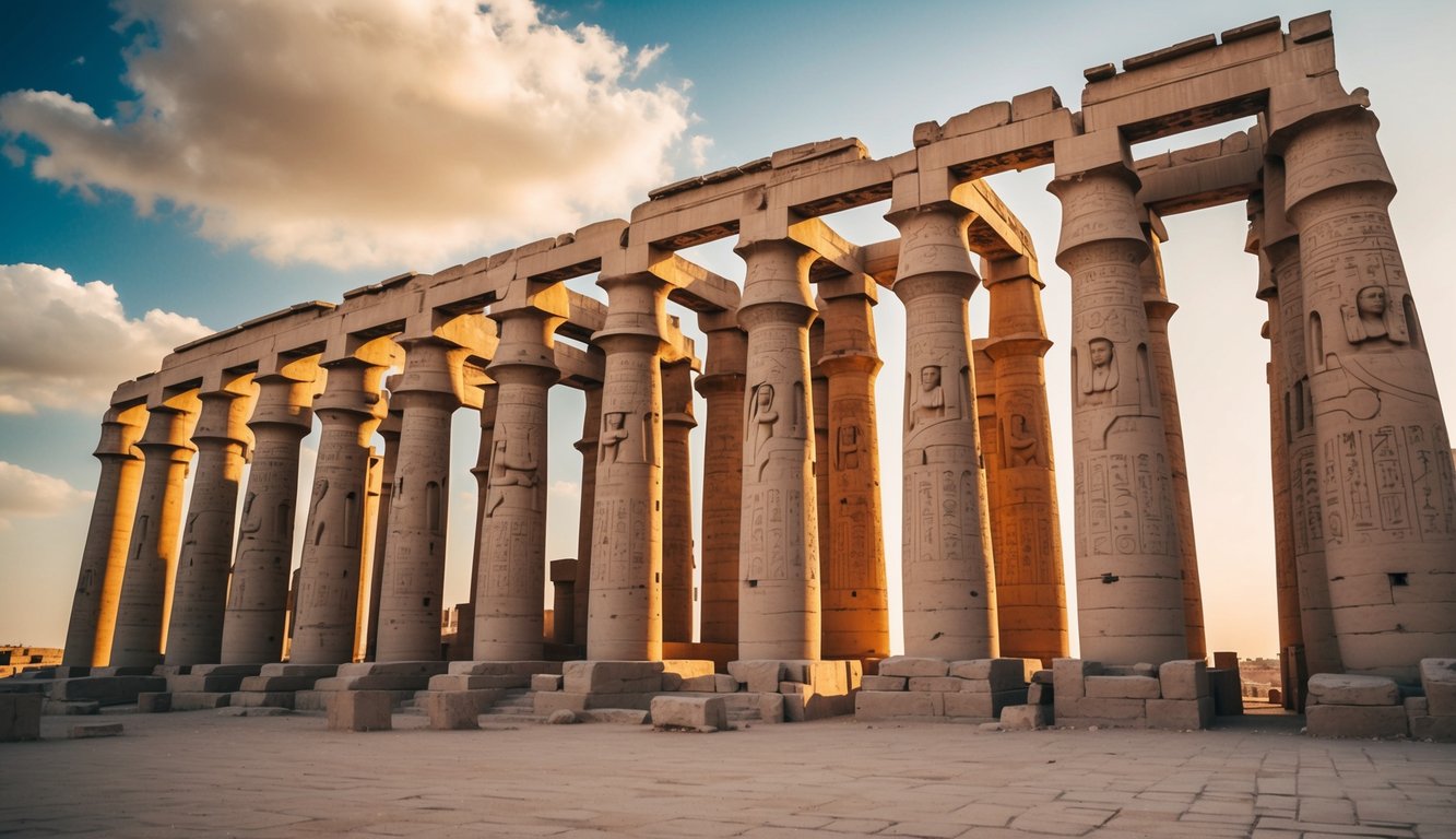 The grand columns of Luxor Temple rise majestically, adorned with intricate hieroglyphs and carvings, casting long shadows in the golden sunlight