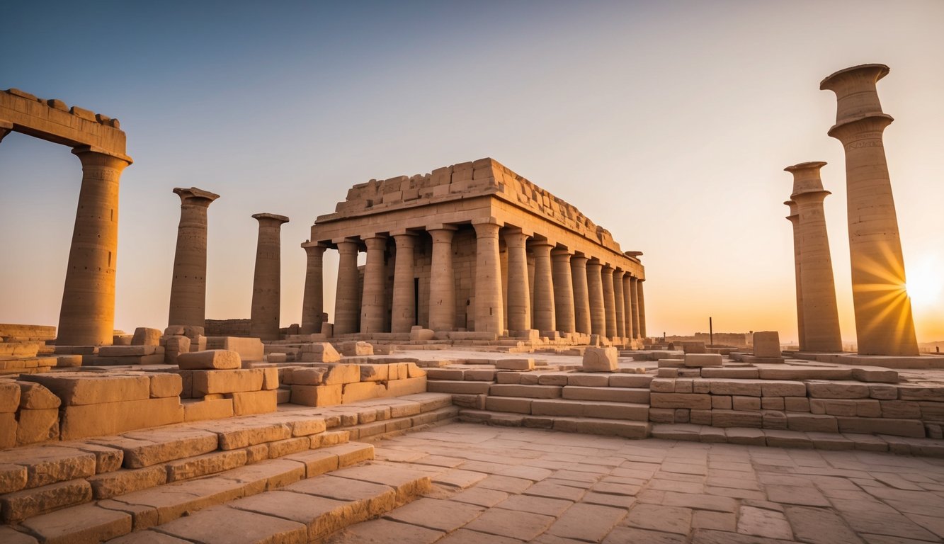 The ancient Luxor Temple stands majestic at sunset, with towering columns and intricate carvings illuminated by the golden light