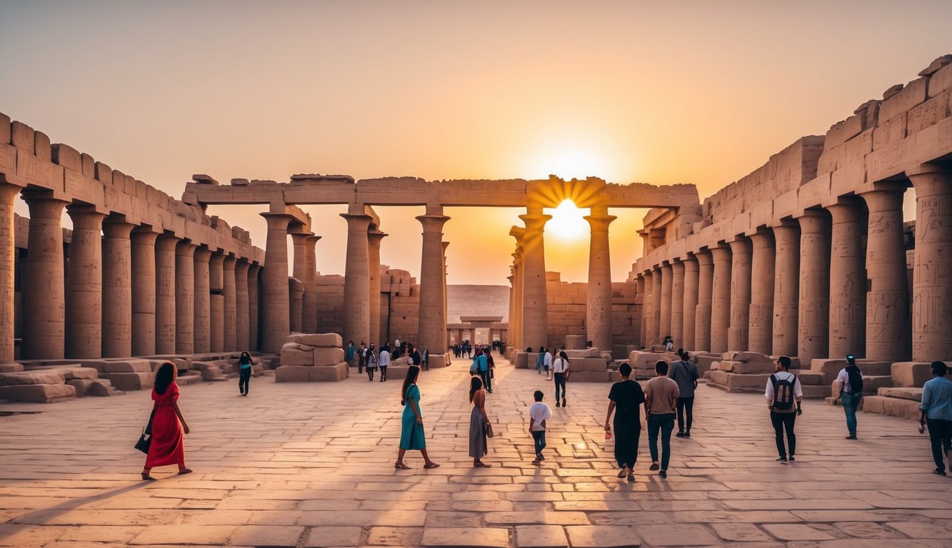 The sun sets behind the ancient Luxor Temple, casting a warm glow over the intricately carved columns and hieroglyph-covered walls. Visitors from different cultures wander through the open courtyard, admiring the fusion of Egyptian and foreign architectural styles